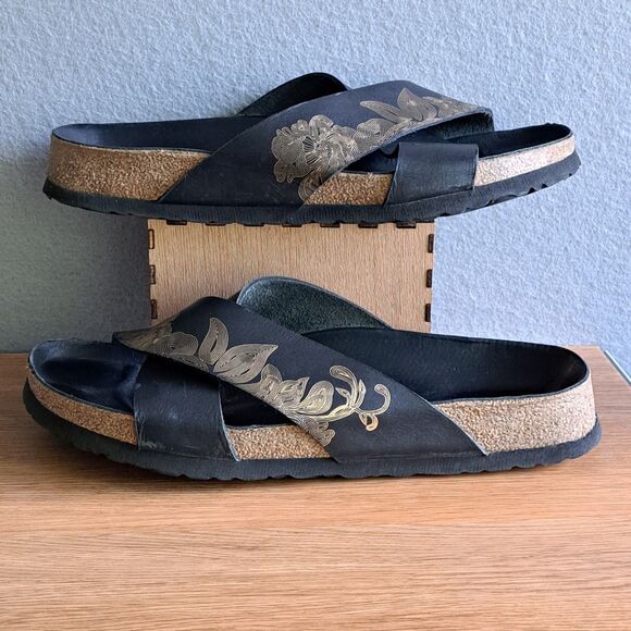 Birkenstock Papillio Daytona Womens 42 11 Narrow Black Gold Cross Strap Sandal - Picture 5 of 11